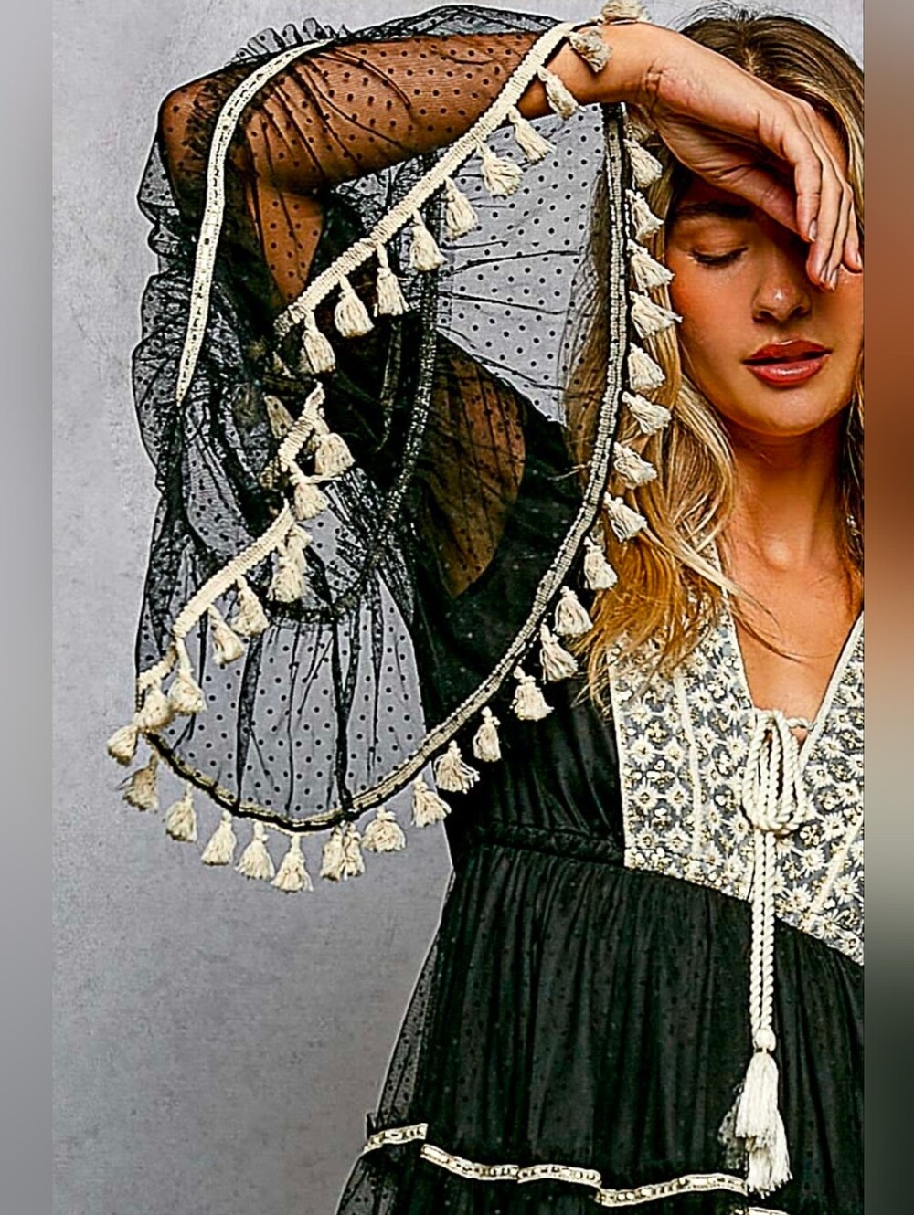 NEW!!! POL Black Tassel-Trim Mesh Mini Dress with Ivory Embroidery, NWT